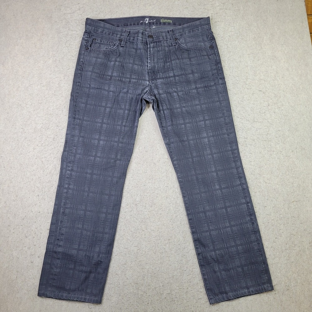 7 For All‎ Mankind Jeans Mens 36 Gray Plaid Stretch Slimmy Denim Made in USA